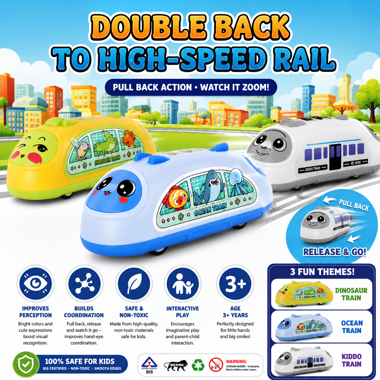 KLOOVY Double Back High Speed Rail Pull Back Train Toy for Kids | Gift for Boys & Girls 3+ Years