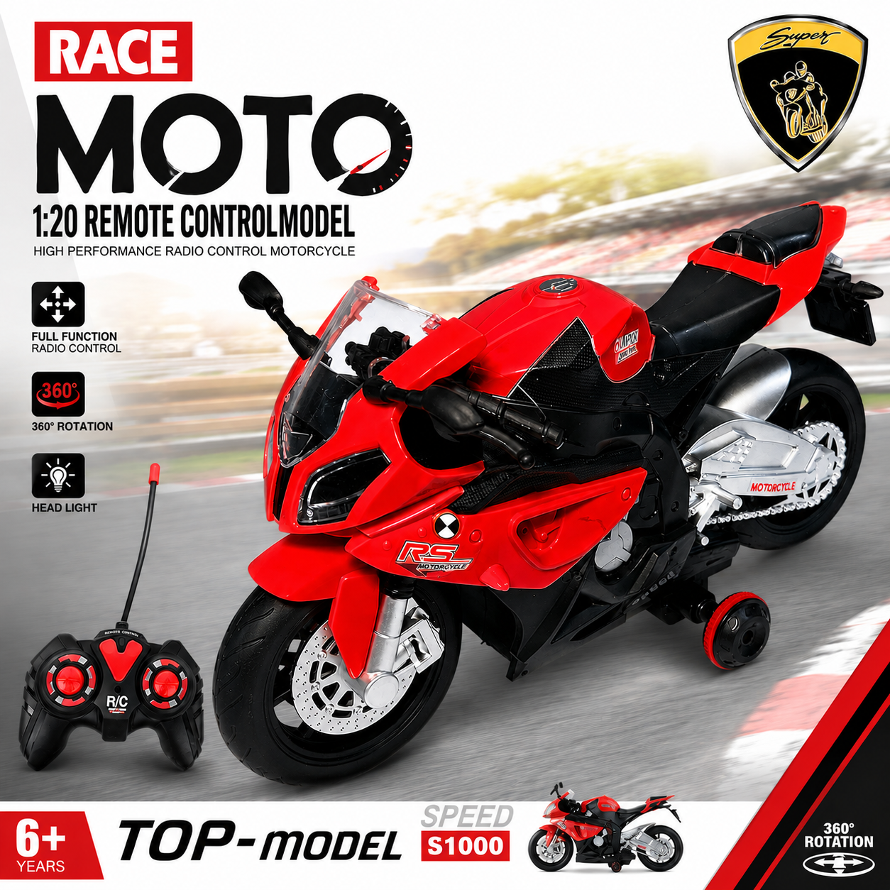 KLOOVY Remote Control Stunt Motorcycle Toy for Kids | 1:20 Scale Rechargeable RC Bike with 360° Rotation, LED Lights & Sound Effects | USB Charging | Racing Bike Toy for Boys & Girls 6+ Years