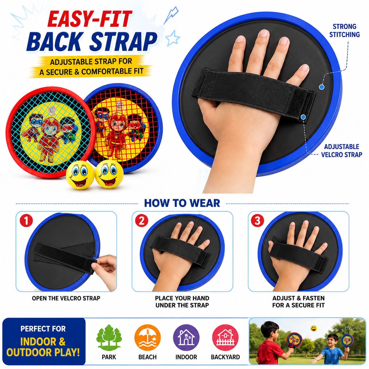 KLOOVY Magic Shot Hand Tennis Superhero Set | 2 Hand Tennis Paddles with 2 Soft Smiley Balls | Indoor & Outdoor Sports Toy | Adjustable Hand Strap | Kids Boys & Girls Age 6+
