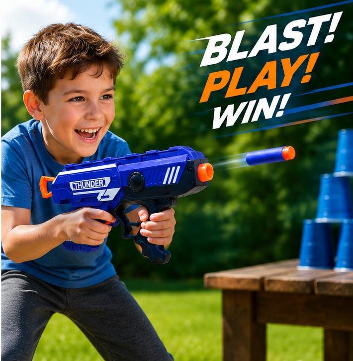 KLOOVY Blaze Storm Toy Gun with 5 Foam Bullets & 5 Suction Dart Bullets | Toy Gun for Kids | Fun Target Shooting Blaster Gun Toy | Blue | No Batteries Required