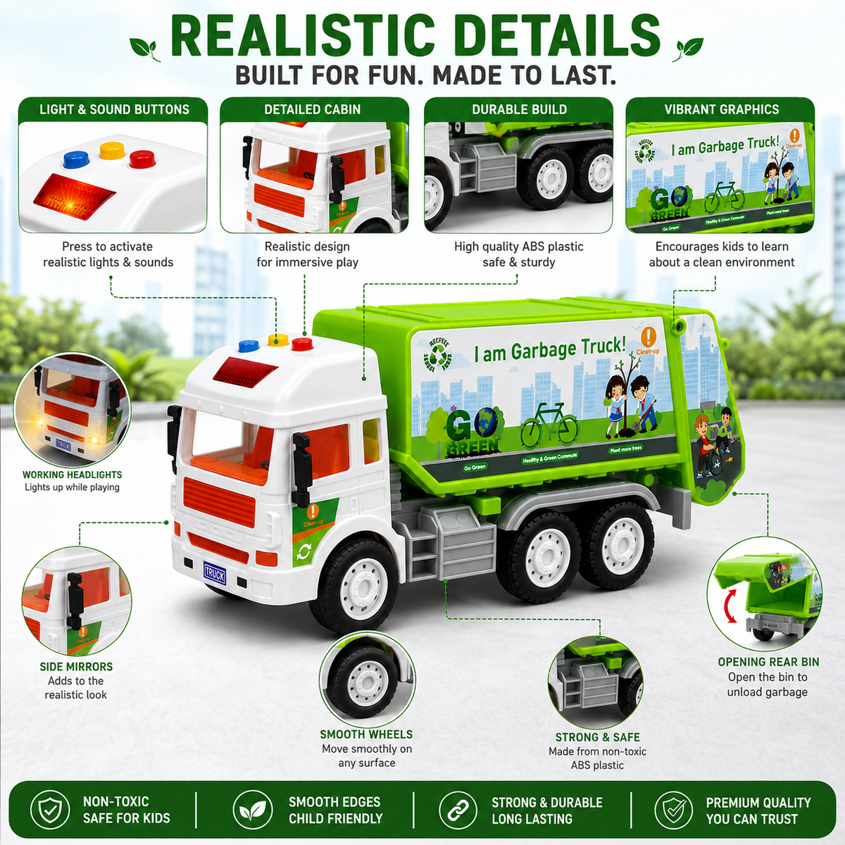 KLOOVY City Service Garbage Truck Toy, Friction Light & Sound, Opening Bin, Age 3+