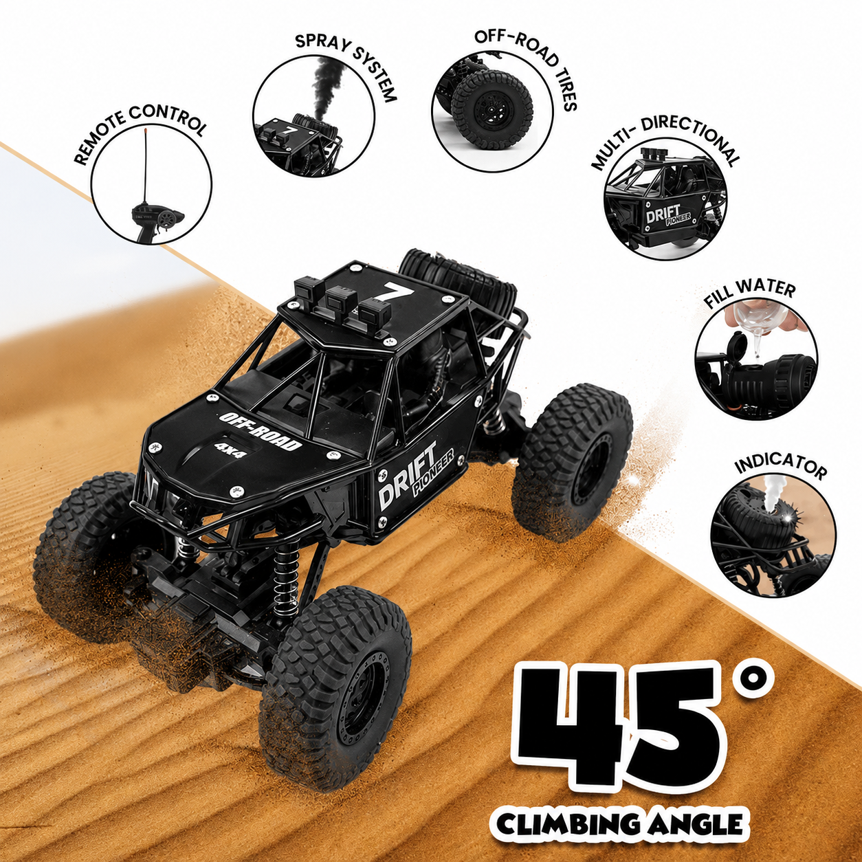 KLOOVY Rechargeable Remote Control Rock Crawler Car for Kids | 4x4 Off-Road RC Monster Truck with Smoke Mist Effect | 45° Climbing | High-Speed Toy Car for Boys & Girls 4+ Years