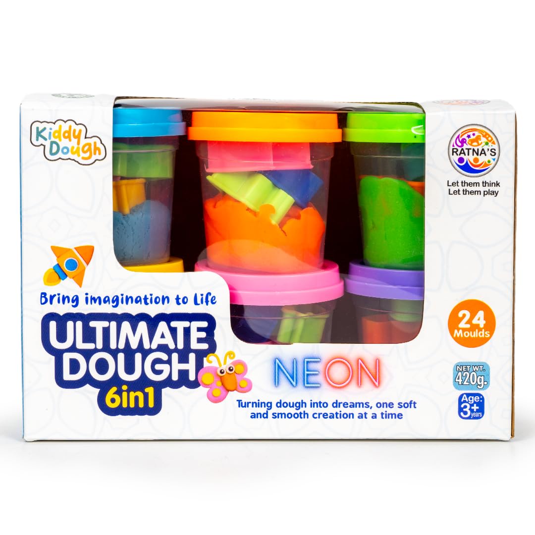 KLOOVY 6 in 1 Ultimate Dough Having 6 Tubs of Different Color Dough (60g Each) & 24 Moulds, Smooth, Non Sticky Clay & Dough Kit Activity Toys for Kids