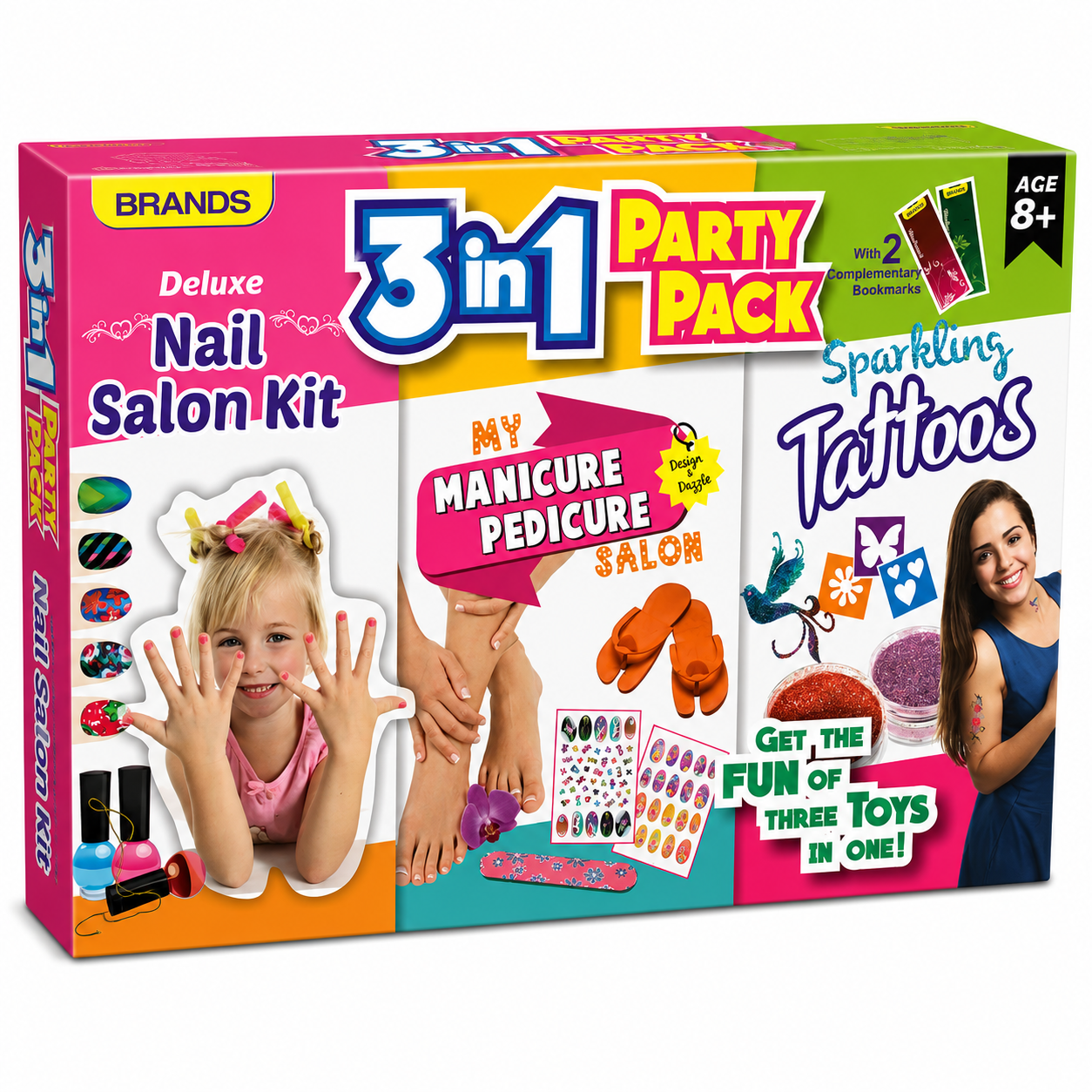 KLOOVY 3-in-1 Girls Beauty Party Pack | Nail Salon Kit, Manicure & Pedicure Set with Sparkling Tattoos | Pretend Play Makeup Toy Gift Set for Girls Age 8+ Years