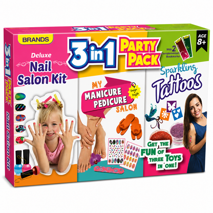 KLOOVY 3-in-1 Girls Beauty Party Pack | Nail Salon Kit, Manicure & Pedicure Set with Sparkling Tattoos | Pretend Play Makeup Toy Gift Set for Girls Age 8+ Years