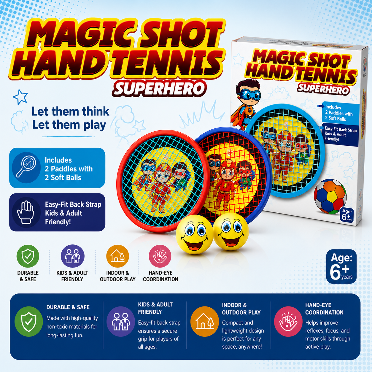 KLOOVY Magic Shot Hand Tennis Superhero Set | 2 Hand Tennis Paddles with 2 Soft Smiley Balls | Indoor & Outdoor Sports Toy | Adjustable Hand Strap | Kids Boys & Girls Age 6+