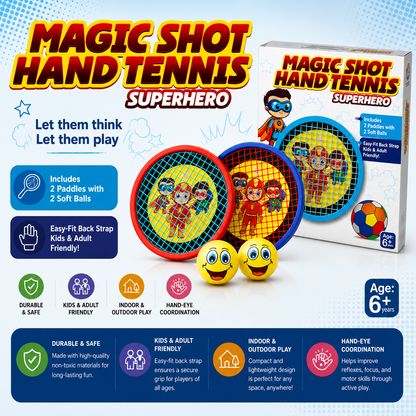 KLOOVY Magic Shot Hand Tennis Superhero Set | 2 Hand Tennis Paddles with 2 Soft Smiley Balls | Indoor & Outdoor Sports Toy | Adjustable Hand Strap | Kids Boys & Girls Age 6+