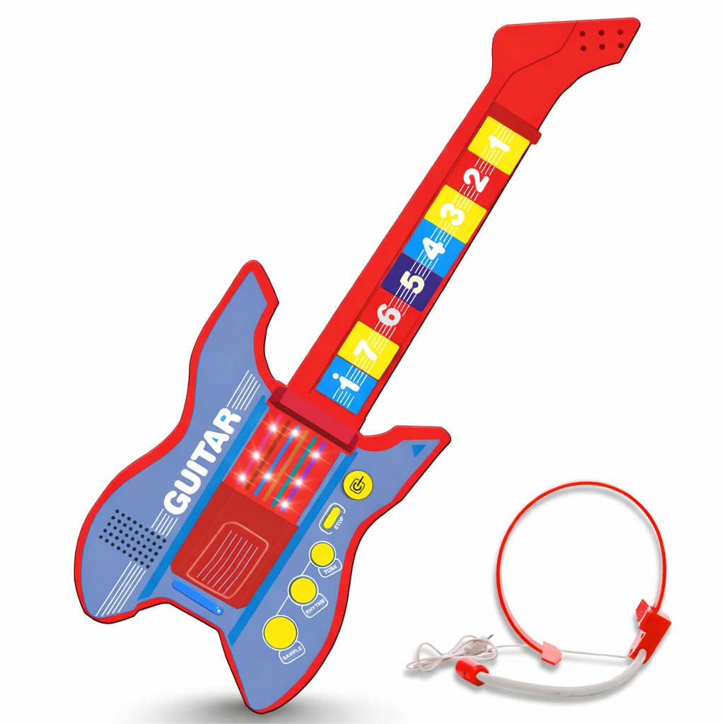 KLOOVY Stringless Musical Guitar Toy for Kids | Number Keys Musical Toy | Included Microphone | Rhythm, Tone, Sample Function | Power Source: 3xAA Batteries (Not Included)