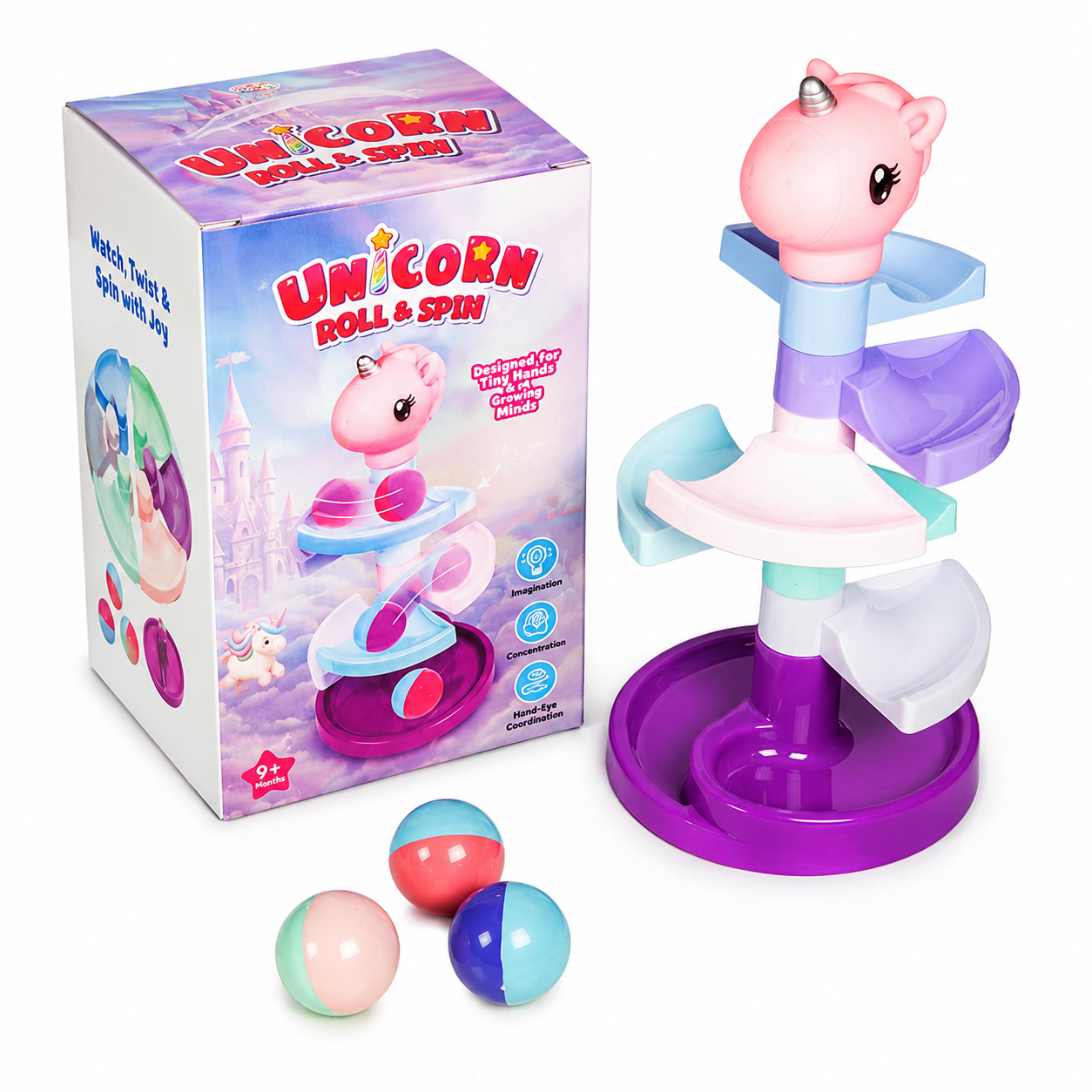 KLOOVY Unicorn Roll & Spin Toy with Squeezy Head, Spiral Ball Track Stacking Tower, 3 Colorful Rolling Balls, Educational Toys for 6+ Month Old Baby