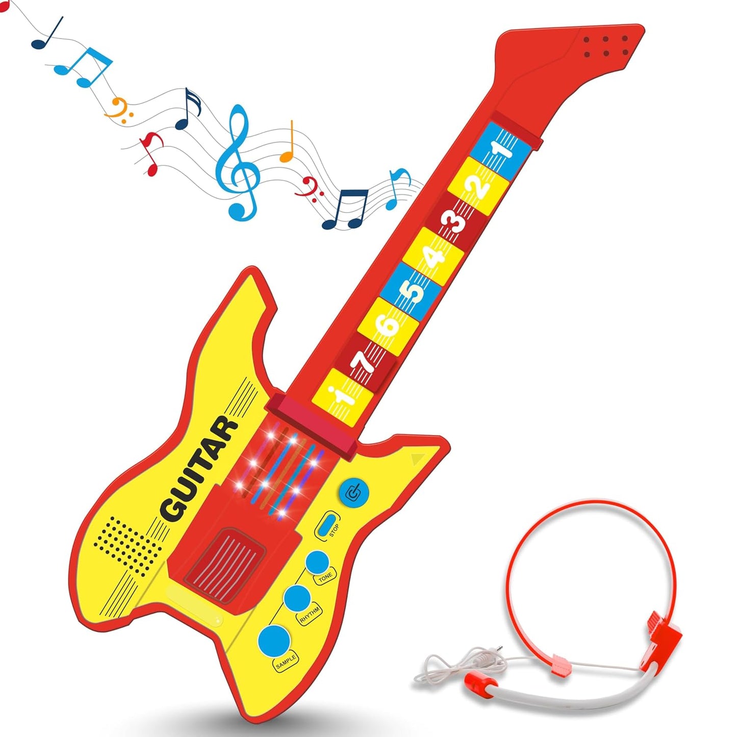 KLOOVY Stringless Musical Guitar Toy for Kids | Number Keys Musical Toy | Included Microphone | Rhythm, Tone, Sample Function | Power Source: 3xAA Batteries (Not Included)