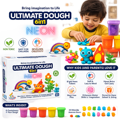 KLOOVY 6 in 1 Ultimate Dough Having 6 Tubs of Different Color Dough (60g Each) & 24 Moulds, Smooth, Non Sticky Clay & Dough Kit Activity Toys for Kids