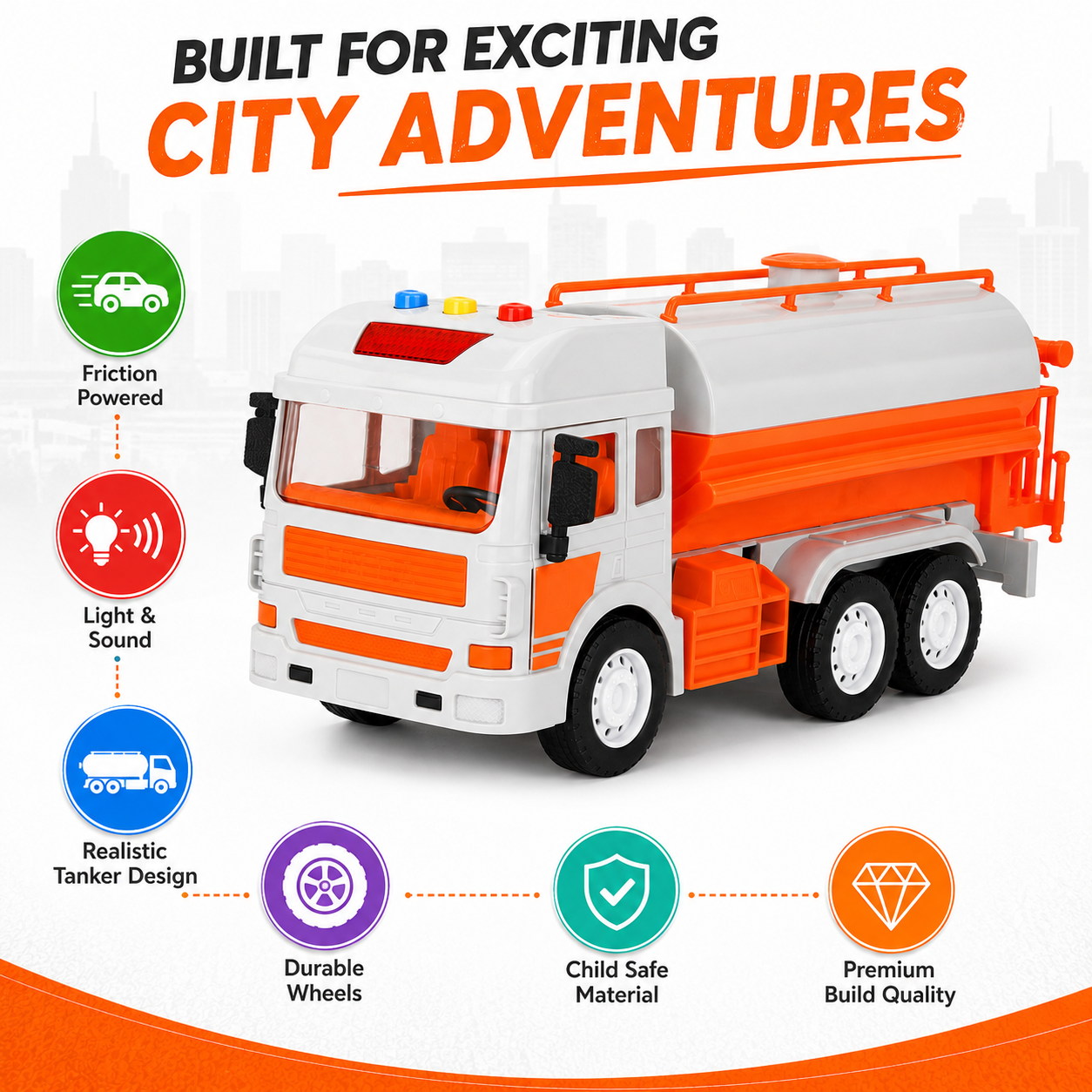 KLOOVY Water Tanker Toy Truck, Friction Powered Light & Sound, City Service, Age 3+