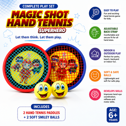 KLOOVY Magic Shot Hand Tennis Superhero Set | 2 Hand Tennis Paddles with 2 Soft Smiley Balls | Indoor & Outdoor Sports Toy | Adjustable Hand Strap | Kids Boys & Girls Age 6+
