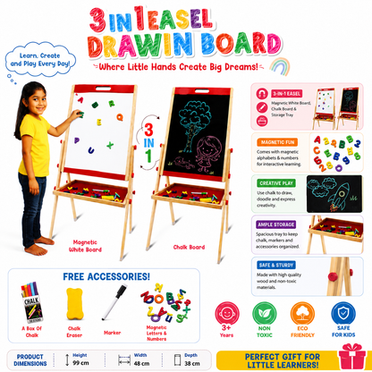 KLOOVY 3 in 1 Wooden Kids Easel Board Whiteboard Chalkboard Educational Toys 3+