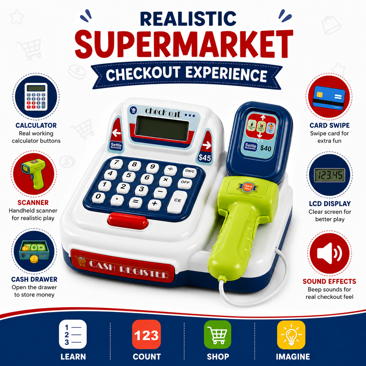 KLOOVY Kids Cash Register Toy with Calculator, Scanner & Card Swipe Pretend Play Set