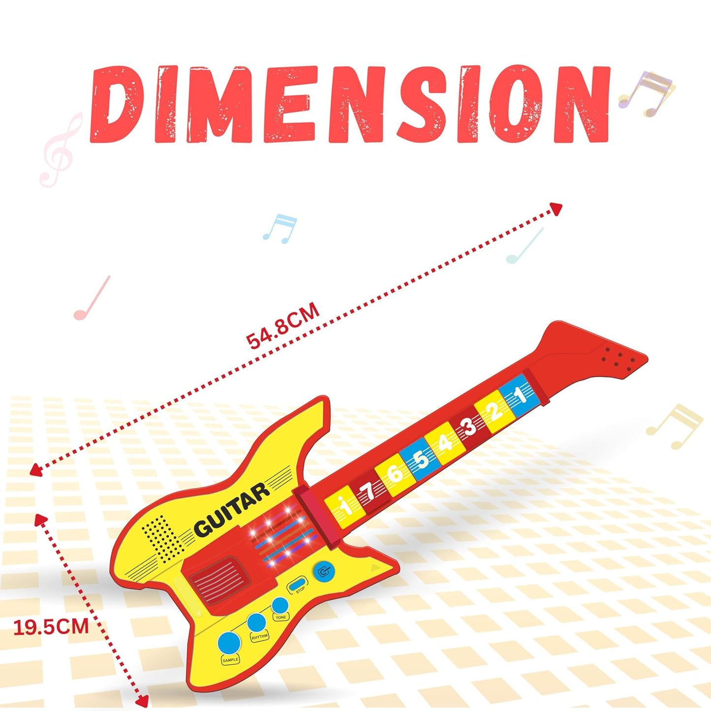 KLOOVY Stringless Musical Guitar Toy for Kids | Number Keys Musical Toy | Included Microphone | Rhythm, Tone, Sample Function | Power Source: 3xAA Batteries (Not Included)