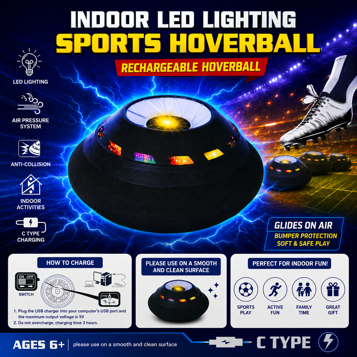 KLOOVY Hoverball Indoor LED Lighting Sports Toys