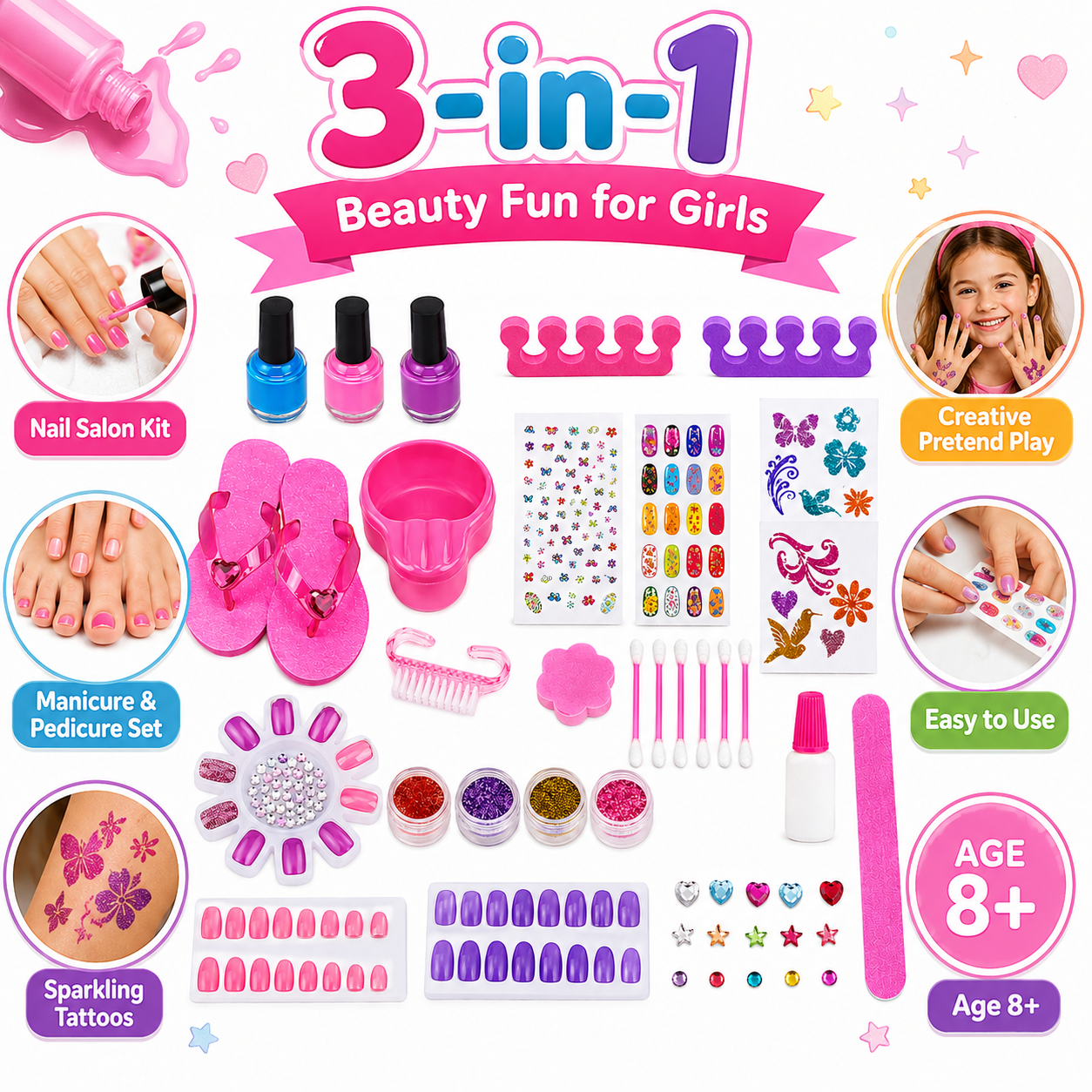 KLOOVY 3-in-1 Girls Beauty Party Pack | Nail Salon Kit, Manicure & Pedicure Set with Sparkling Tattoos | Pretend Play Makeup Toy Gift Set for Girls Age 8+ Years