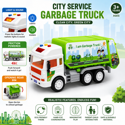 KLOOVY City Service Garbage Truck Toy, Friction Light & Sound, Opening Bin, Age 3+