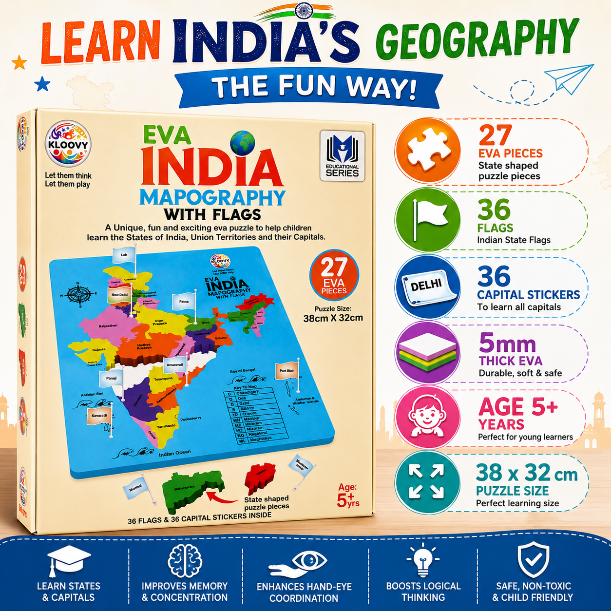 KLOOVY EVA India Map Puzzles with Flags | 27 State-Shaped EVA Puzzles Pieces