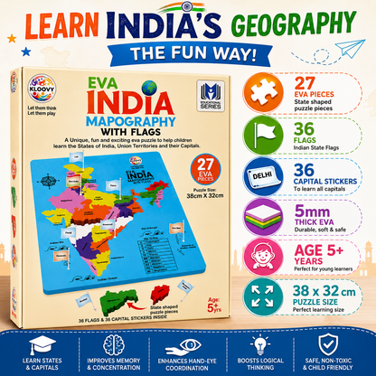 KLOOVY EVA India Map Puzzles with Flags | 27 State-Shaped EVA Puzzles Pieces