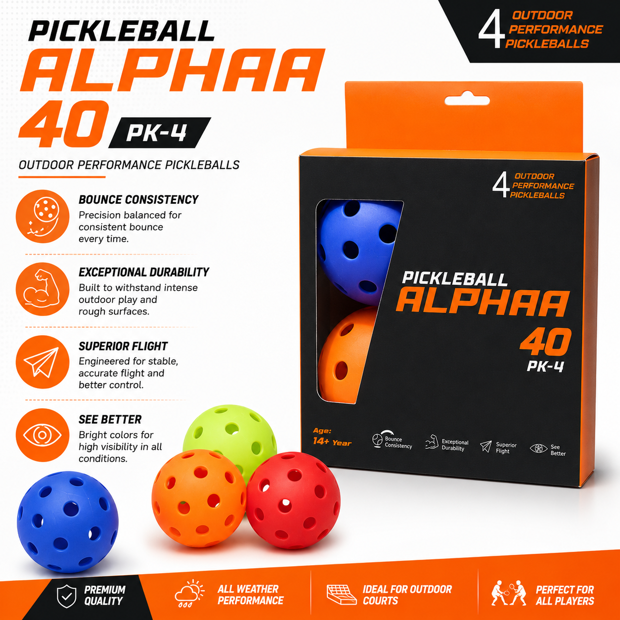 KLOOVY Pickleball Balls Set of 4 | Lightweight Plastic Balls for Indoor & Outdoor Play Oval Ball