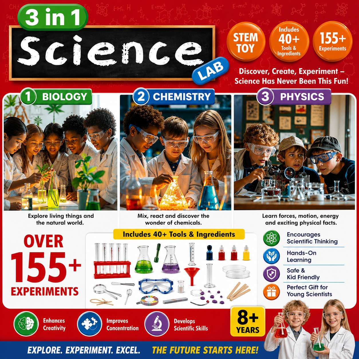 KLOOVY 3-in-1 Science Lab Kit for Kids | Biology, Chemistry & Physics Experiment Set