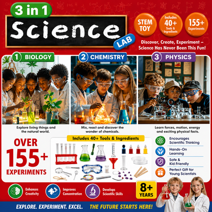 KLOOVY 3-in-1 Science Lab Kit for Kids | Biology, Chemistry & Physics Experiment Set