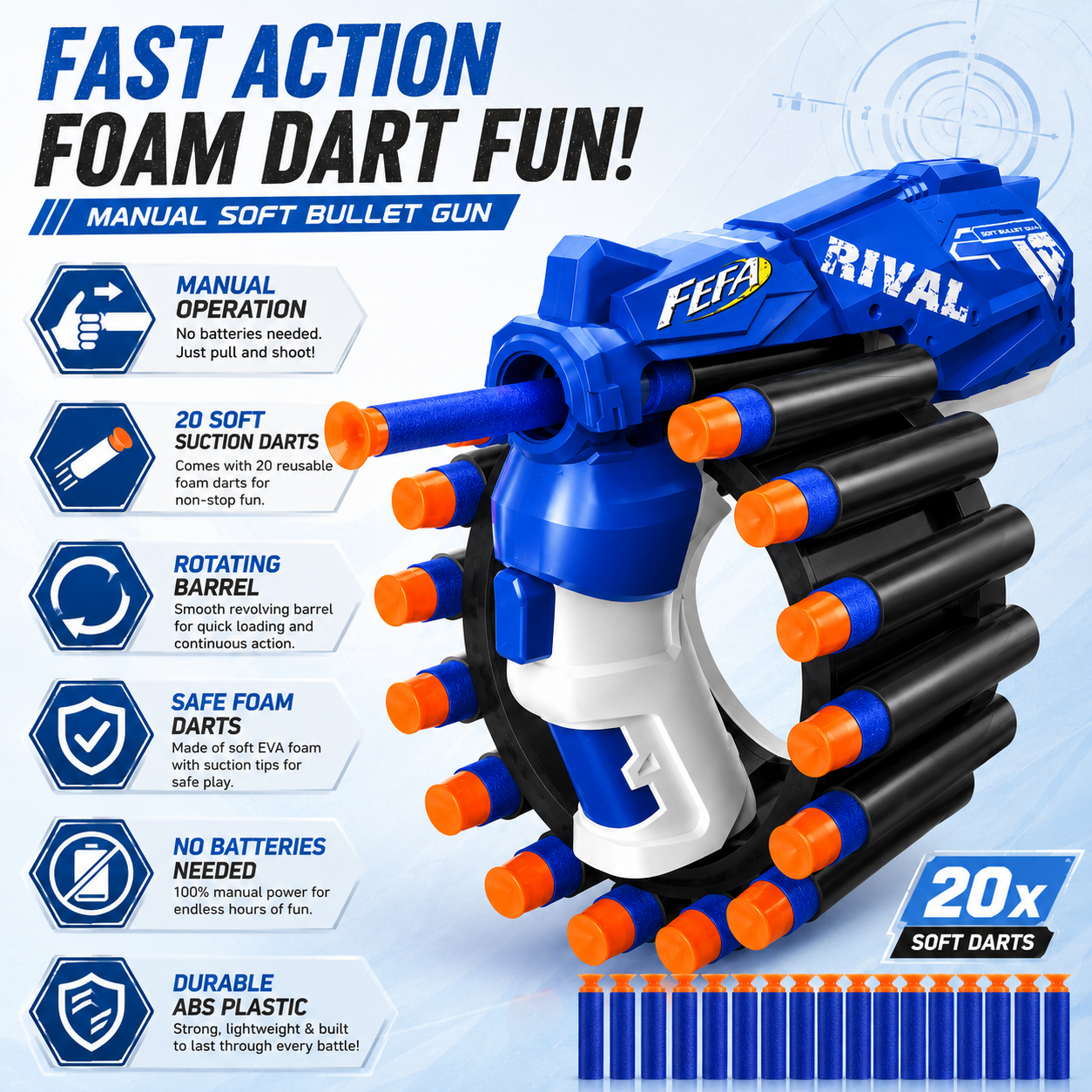 KLOOVY Soft Bullet Gun with Foam Darts | Manual Blaster Toy for Kids Darts & Plastic Bullets ( Blue )