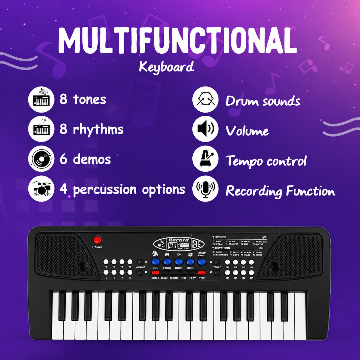KLOOVY 37 Keys Keyboard Piano Toy with Recording, Rhythms & Animal Sounds