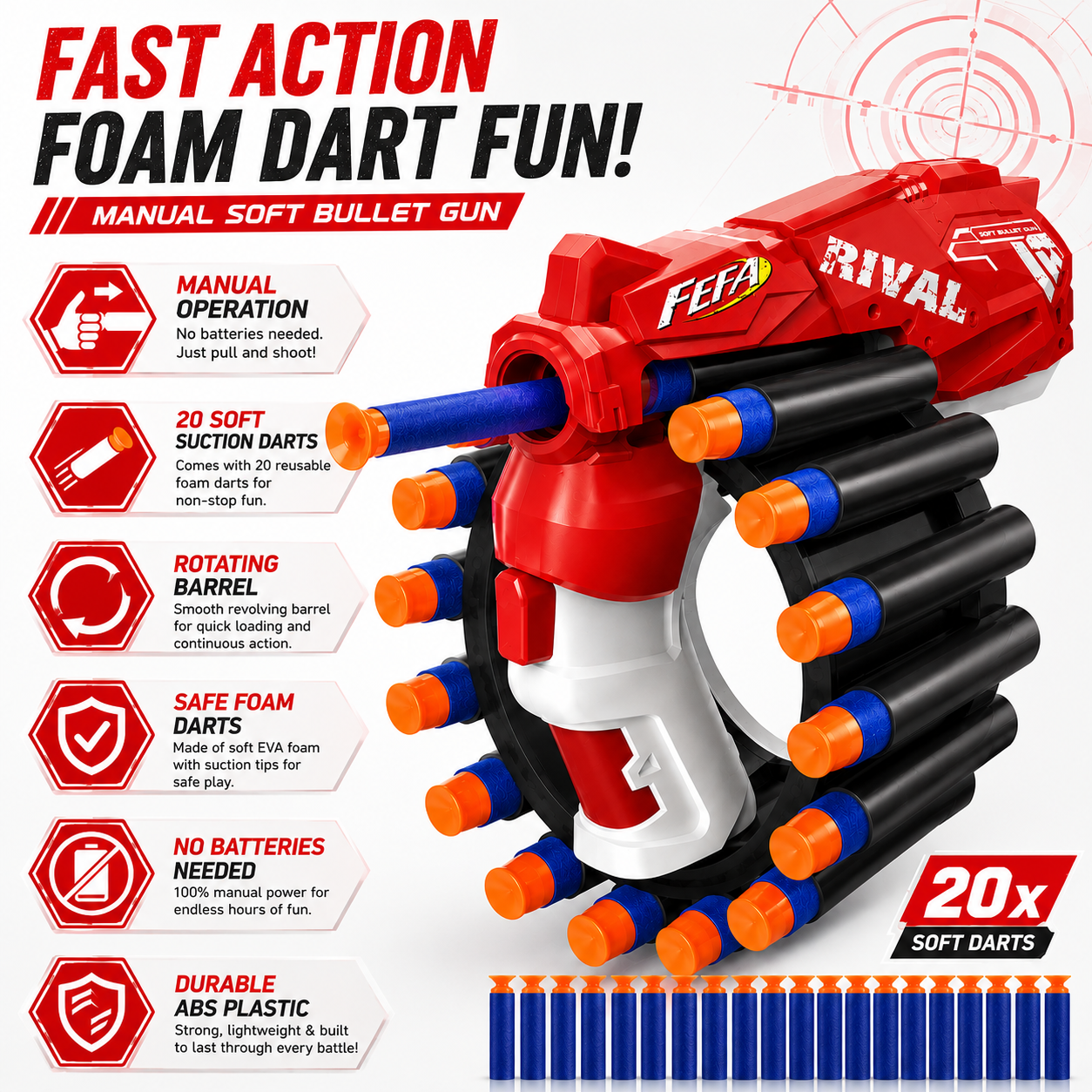 KLOOVY Soft Bullet Gun with Foam Darts | Manual Blaster Toy for Kids Darts & Plastic Bullets ( Red )