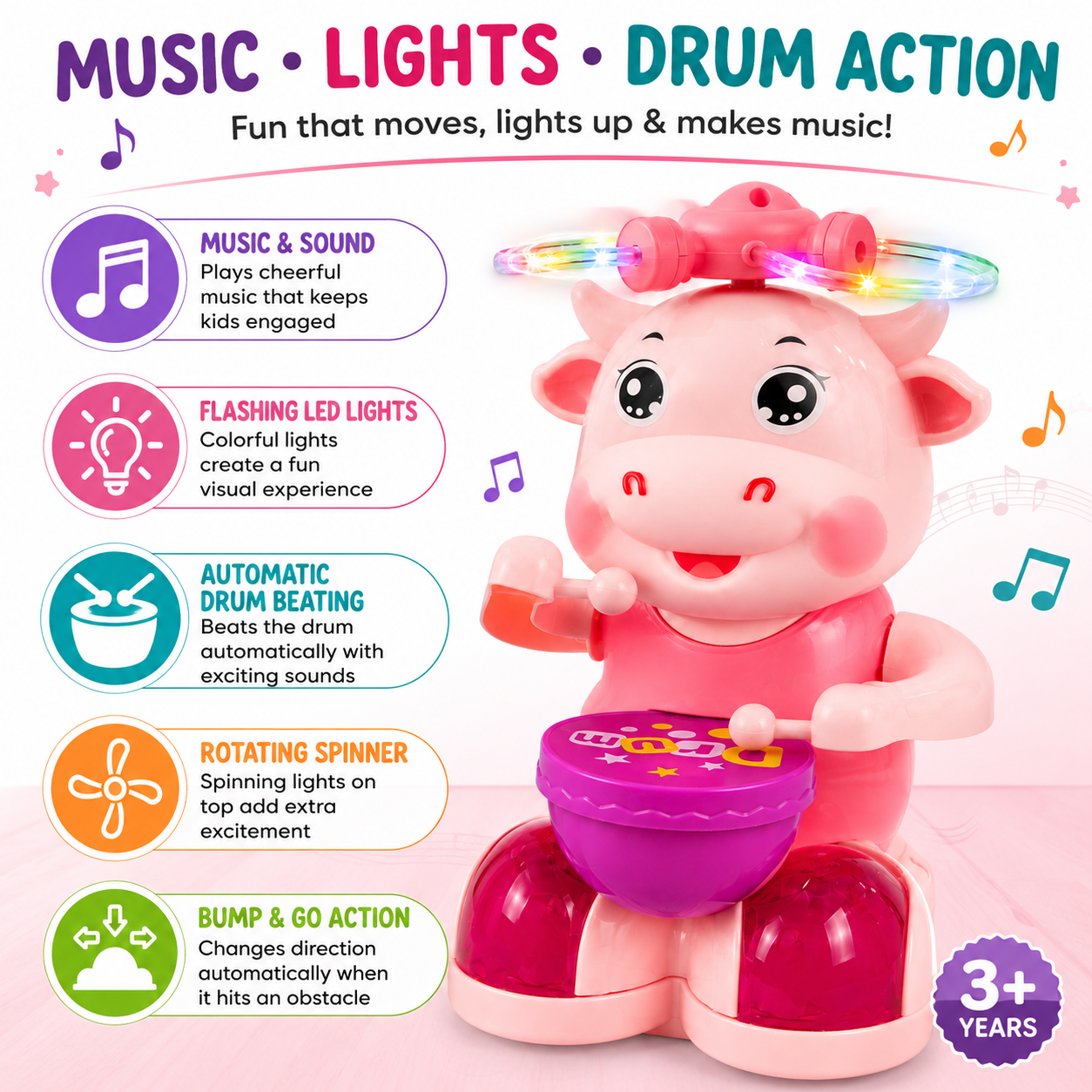 KLOOVY Musical Cow Drummer | Music, Lights & Rotating Spinner Toy for Kids