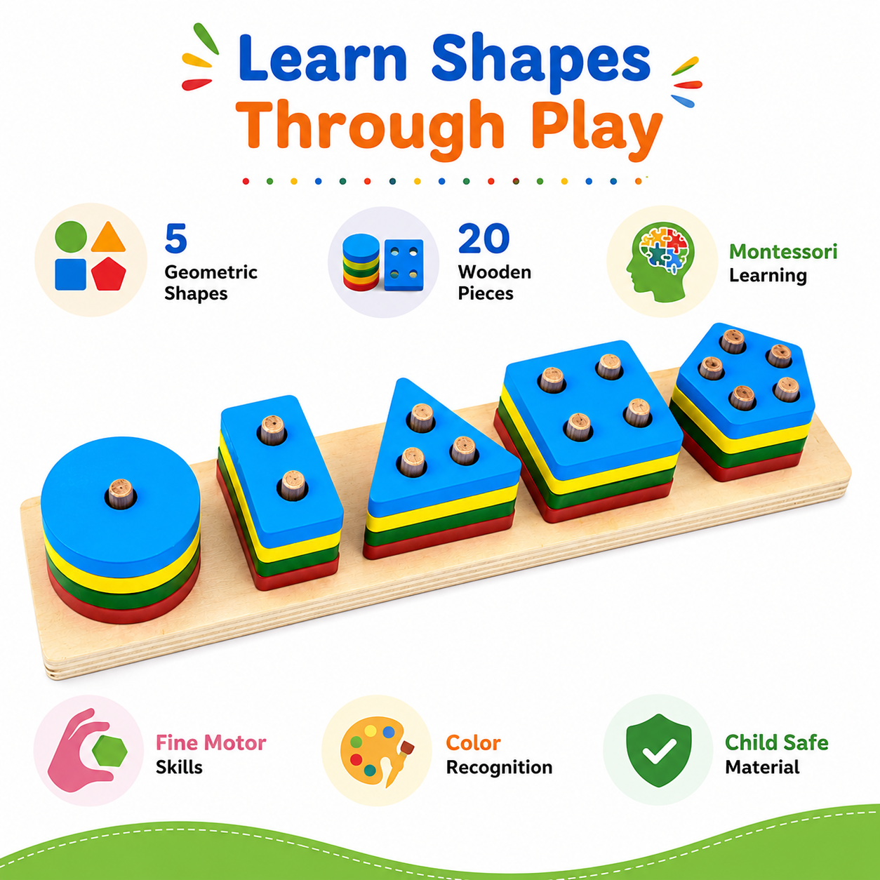 KLOOVY Wooden Geometric Shape Sorter Montessori Learning Puzzles for Kids 2+