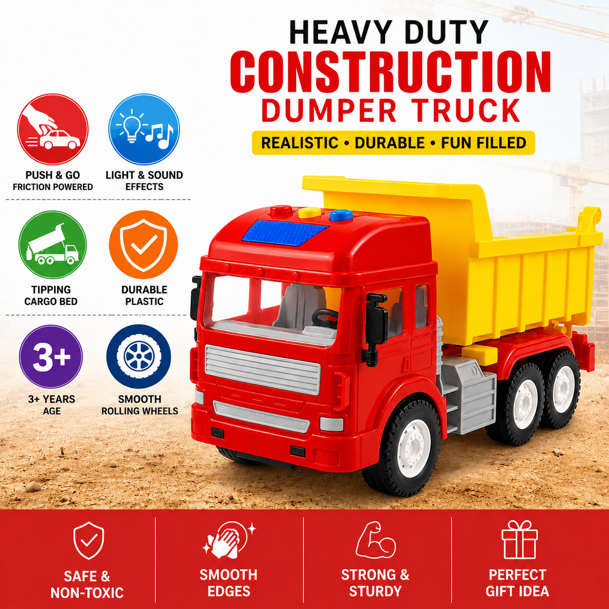 KLOOVY Construction Dumper Truck Toy | Friction Powered Push & Go | 3+ Year