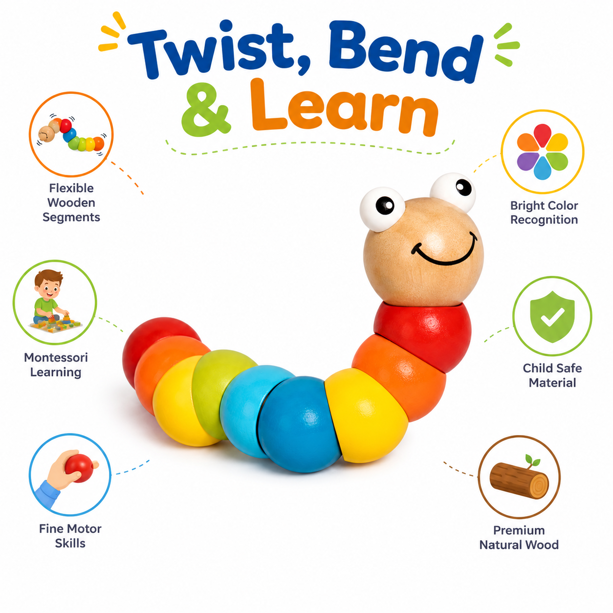 KLOOVY Wooden Caterpillar Toy for Kids | Flexible Colorful Worm Toy