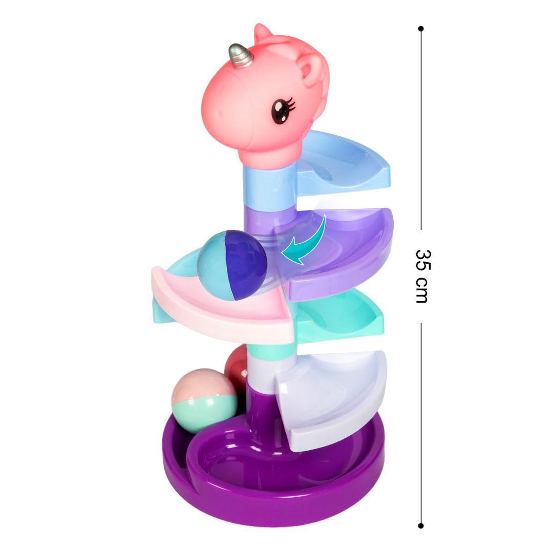 KLOOVY Unicorn Roll & Spin Toy with Squeezy Head, Spiral Ball Track Stacking Tower, 3 Colorful Rolling Balls, Educational Toys for 6+ Month Old Baby
