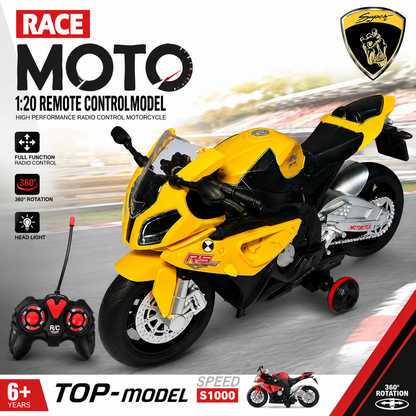 KLOOVY Remote Control Stunt Motorcycle Toy for Kids | 1:20 Scale Rechargeable RC Bike with 360° Rotation, LED Lights & Sound Effects | USB Charging | Racing Bike Toy for Boys & Girls 6+ Years