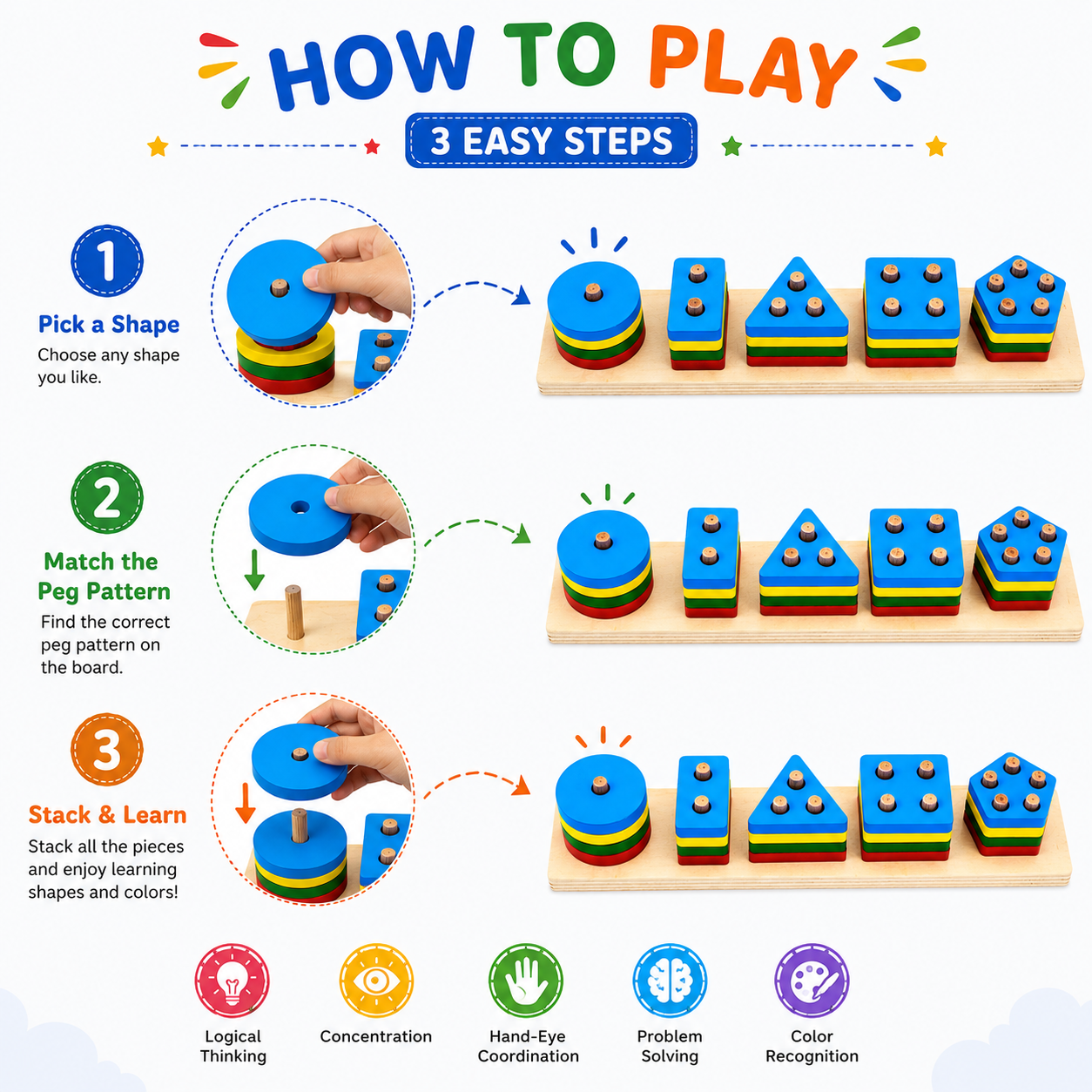 KLOOVY Wooden Geometric Shape Sorter Montessori Learning Puzzles for Kids 2+