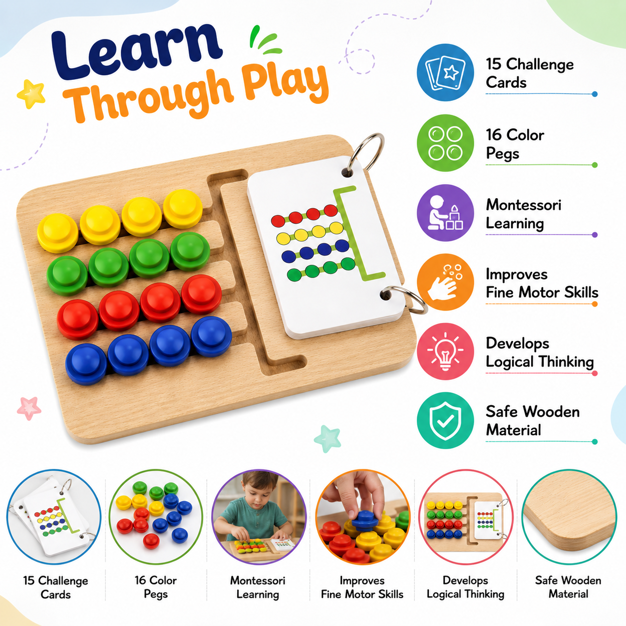 KLOOVY Wooden Montessori Slide Puzzles Color Matching Brain Development Toy Kids