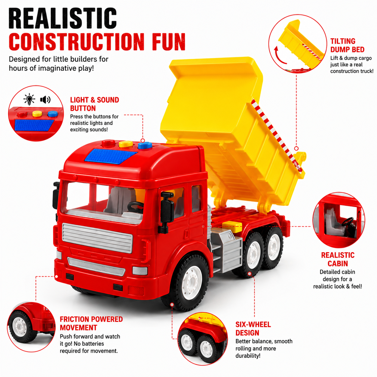 KLOOVY Construction Dumper Truck Toy | Friction Powered Push & Go | 3+ Year