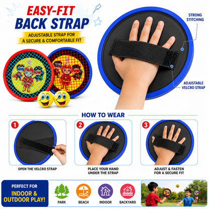 KLOOVY Magic Shot Hand Tennis Superhero Set | 2 Hand Tennis Paddles with 2 Soft Smiley Balls | Indoor & Outdoor Sports Toy | Adjustable Hand Strap | Kids Boys & Girls Age 6+