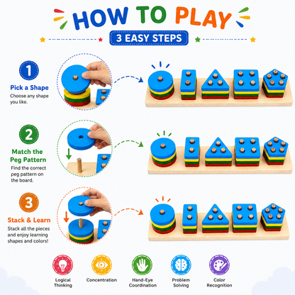 KLOOVY Wooden Geometric Shape Sorter Montessori Learning Puzzles for Kids 2+