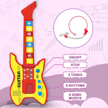 KLOOVY Stringless Musical Guitar Toy for Kids | Number Keys Musical Toy | Included Microphone | Rhythm, Tone, Sample Function | Power Source: 3xAA Batteries (Not Included)
