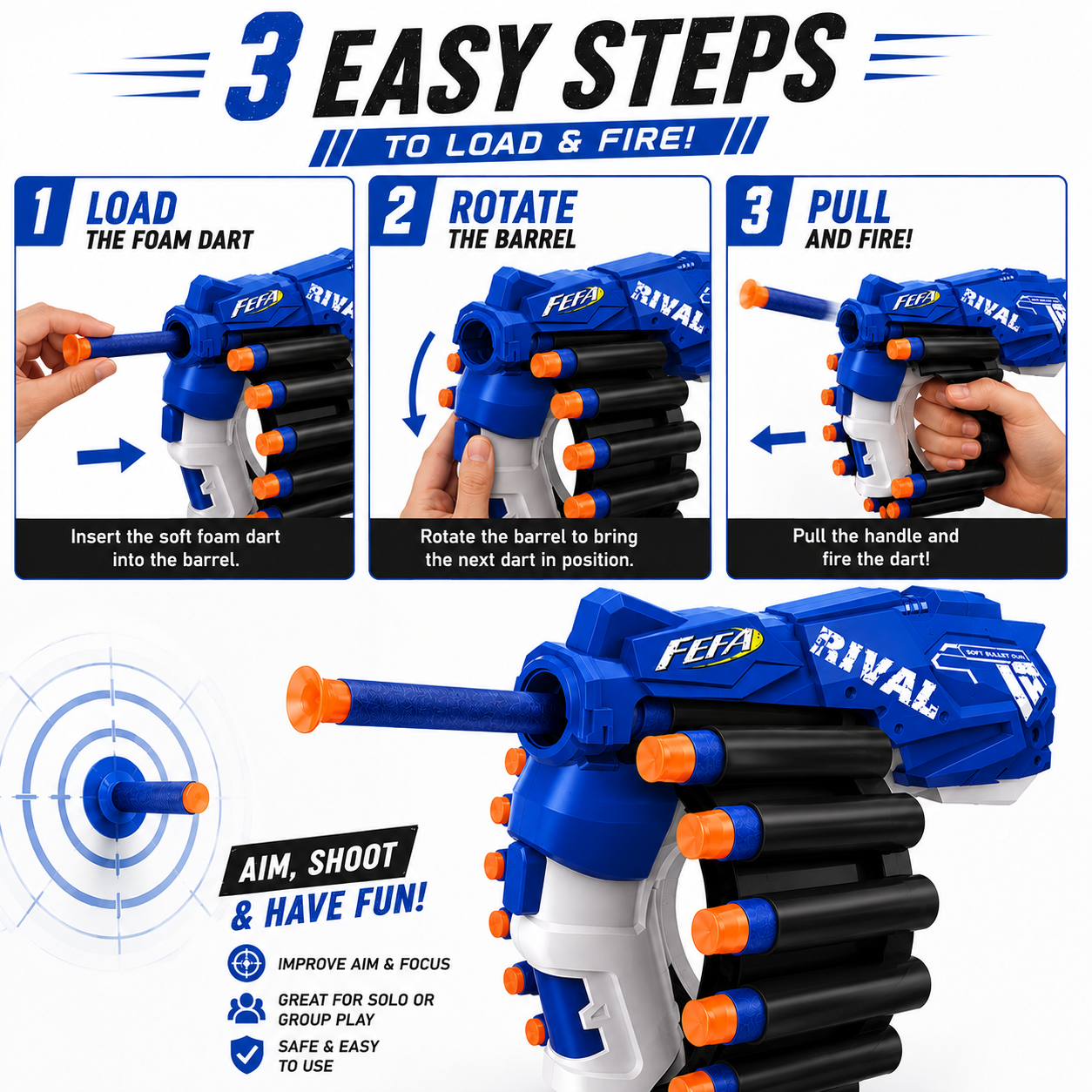KLOOVY Soft Bullet Gun with Foam Darts | Manual Blaster Toy for Kids Darts & Plastic Bullets ( Blue )