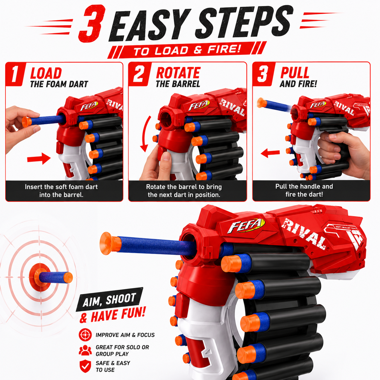 KLOOVY Soft Bullet Gun with Foam Darts | Manual Blaster Toy for Kids Darts & Plastic Bullets ( Red )