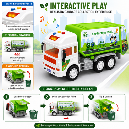 KLOOVY City Service Garbage Truck Toy, Friction Light & Sound, Opening Bin, Age 3+