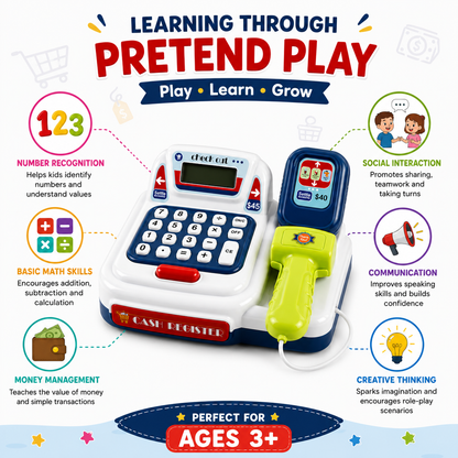 KLOOVY Kids Cash Register Toy with Calculator, Scanner & Card Swipe Pretend Play Set