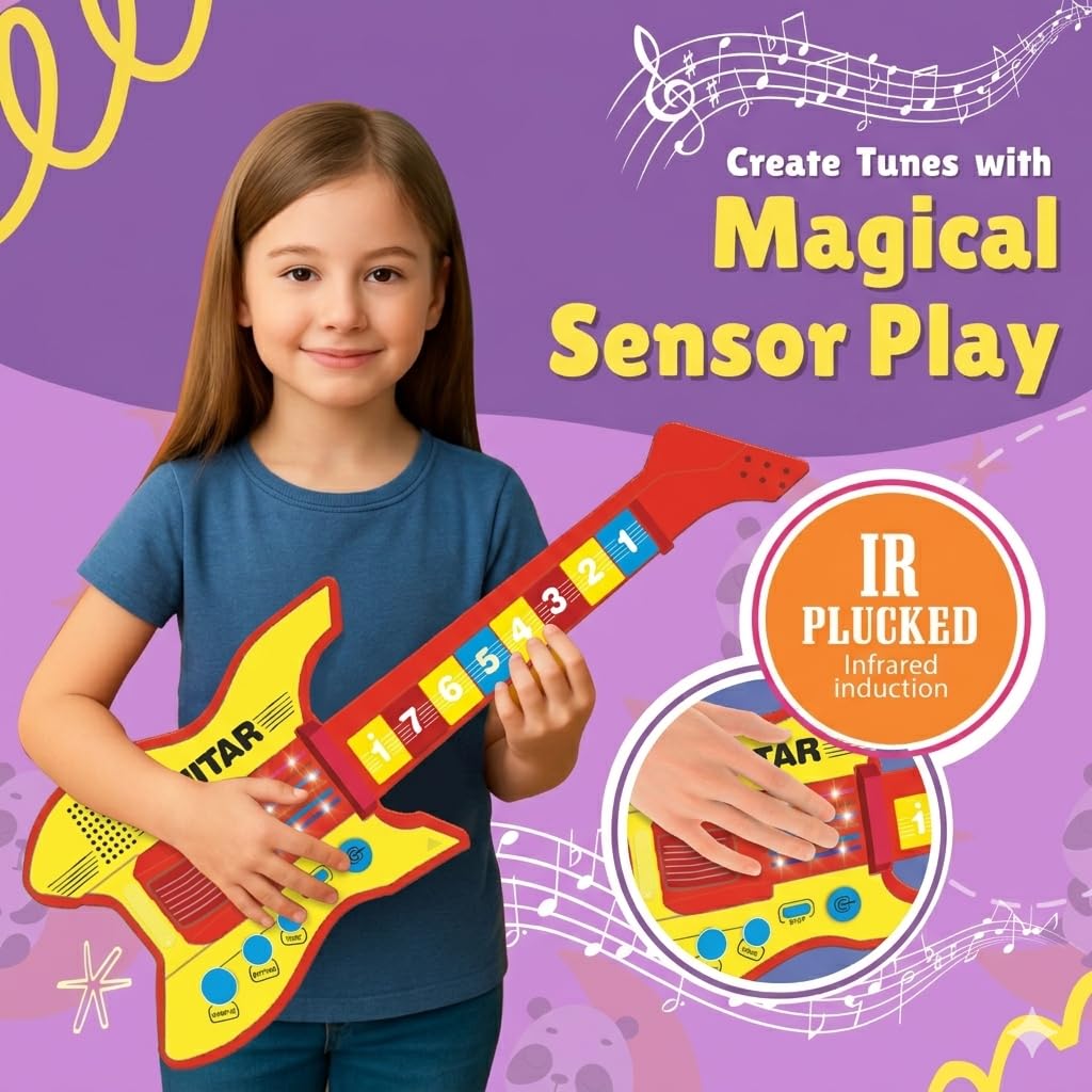 KLOOVY Stringless Musical Guitar Toy for Kids | Number Keys Musical Toy | Included Microphone | Rhythm, Tone, Sample Function | Power Source: 3xAA Batteries (Not Included)