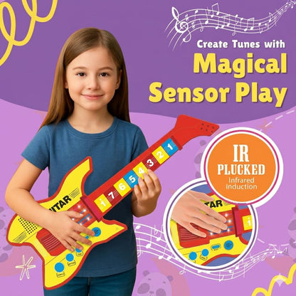 KLOOVY Stringless Musical Guitar Toy for Kids | Number Keys Musical Toy | Included Microphone | Rhythm, Tone, Sample Function | Power Source: 3xAA Batteries (Not Included)