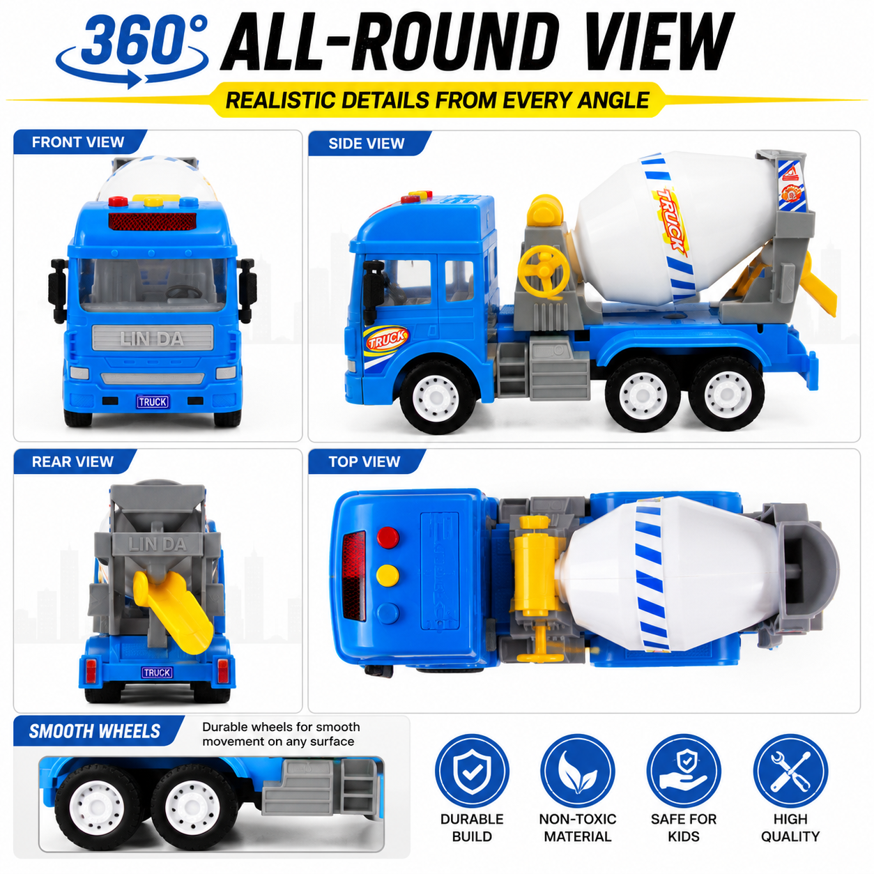 KLOOVY Pull Back Vehicles Toy Cement Mixture for 3+ Years, Light & Sound Toy for Kids